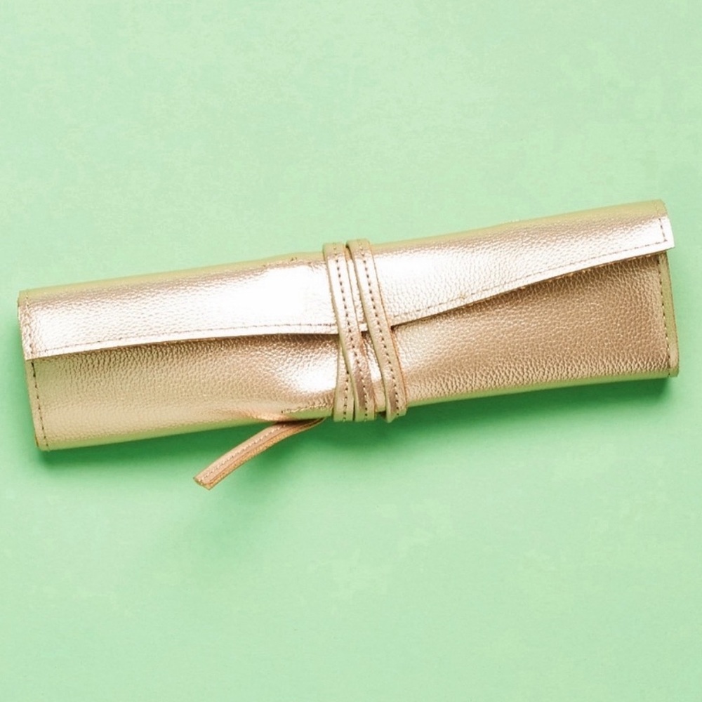 Macy's Metallic Gold Faux Leather Make-up Brush/Jewelry Roll-up Pouch